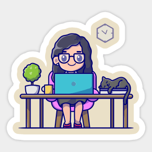 Cute Girl Working On Laptop With Cat Cartoon Sticker